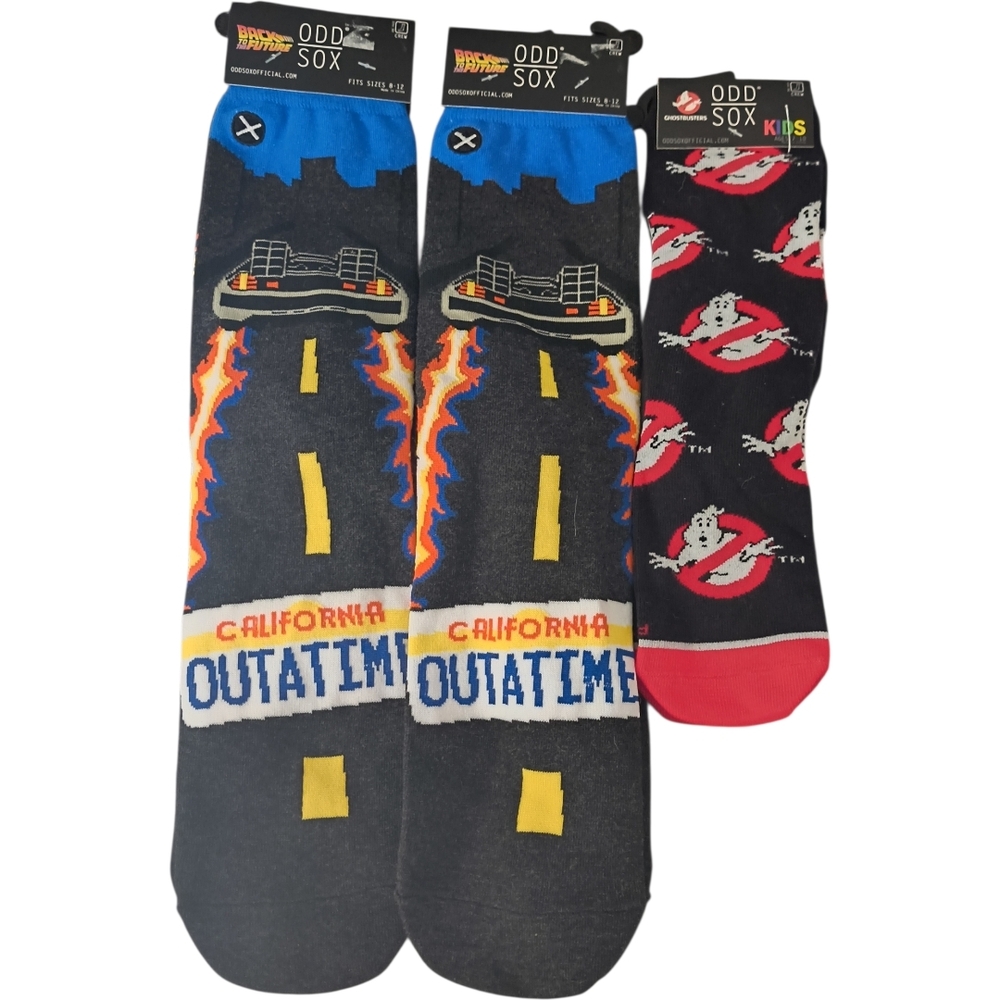 NWT Back to the Future and Ghostbusters ODD SOX Socks 3 Pair Bundle Set 1980s